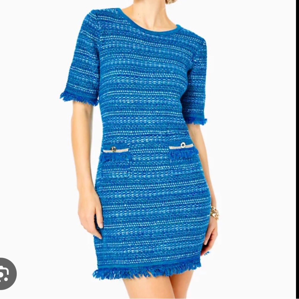Lilly Beckington Sweater Dress Blue Grotto Metallic Tweed EUC Medium